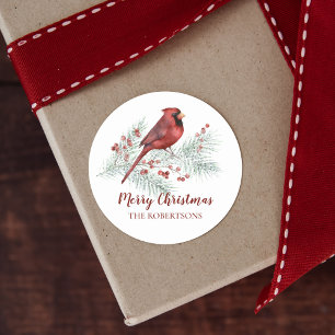 Red Cardinas Winter Pine Merry kerst Ronde Sticker