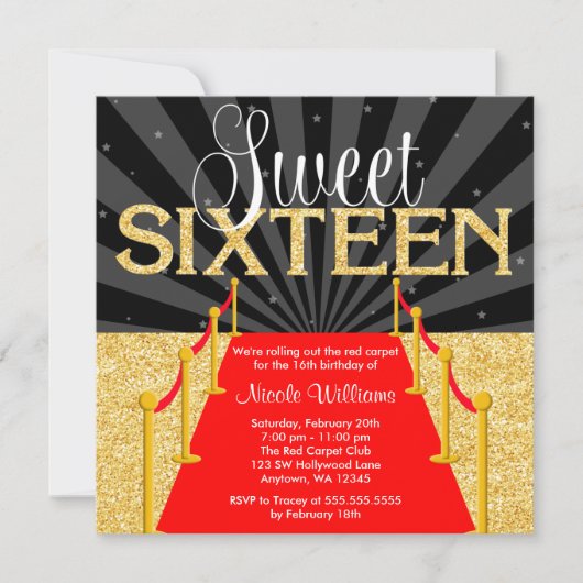 Red Carpet Gold Glam Hollywood Sweet 16 Verjaardag Kaart (Voorkant)