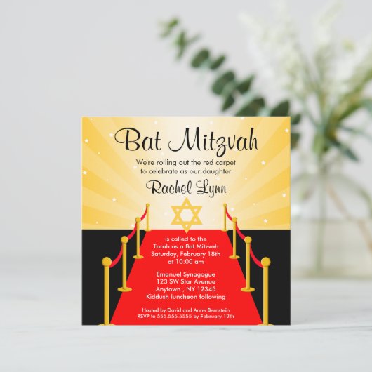 Red Carpet Hollywood Bat Mitzvah Invitations Kaart (Staand voorkant)