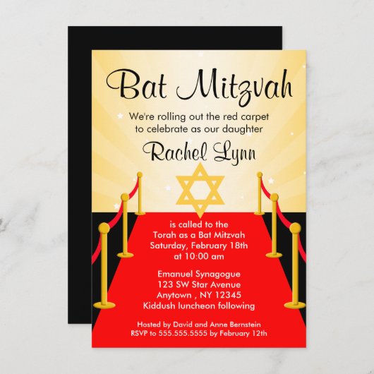 Red Carpet Hollywood Bat Mitzvah Invitations Kaart (Voorkant / Achterkant)