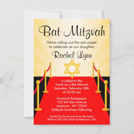 Red Carpet Hollywood Bat Mitzvah Invitations Kaart (Voorkant)
