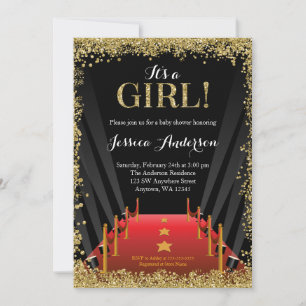 Red Carpet Hollywood Faux Glitter Girl Baby shower Kaart