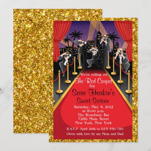 Red Carpet Hollywood Glitter Sweet 16 Invite Kaart (Voorkant / Achterkant)