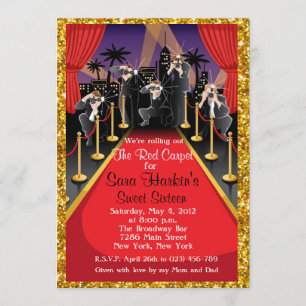 Red Carpet Hollywood Glitter Sweet 16 Invite Kaart