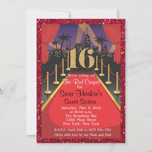 Red Carpet Hollywood Glitter Sweet 16 Uitnodiging (Voorkant)