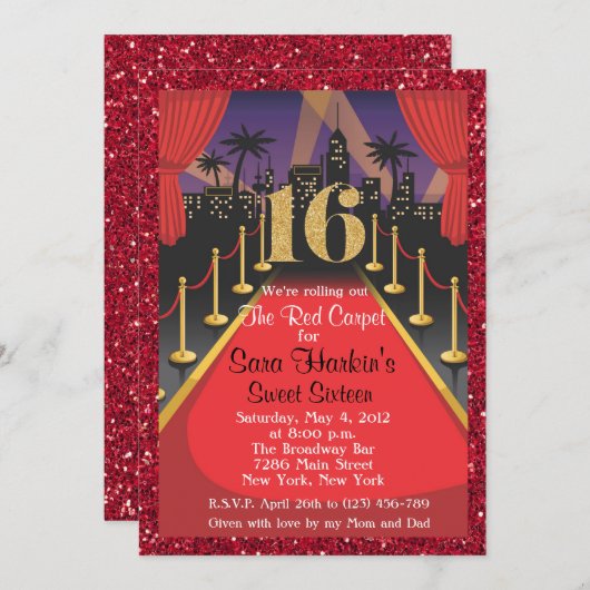 Red Carpet Hollywood Glitter Sweet 16 Uitnodiging (Voorkant / Achterkant)