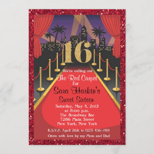 Red Carpet Hollywood Glitter Sweet 16 Uitnodiging