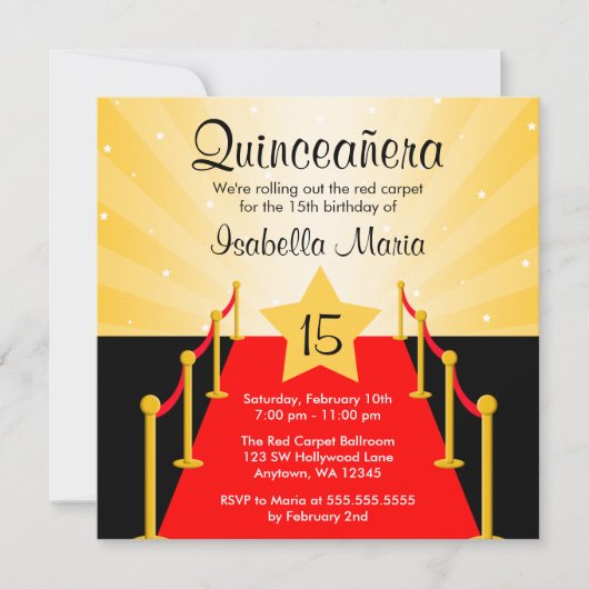 Red Carpet Hollywood Quinceanera Birthday Party Kaart (Voorkant)