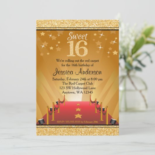 Red Carpet Hollywood Star Gold Sweet 16 Birthday Kaart (Staand voorkant)