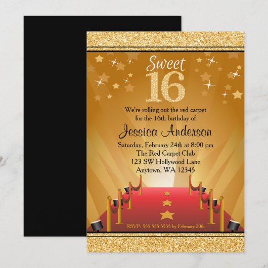 Red Carpet Hollywood Star Gold Sweet 16 Birthday Kaart (Voorkant / Achterkant)