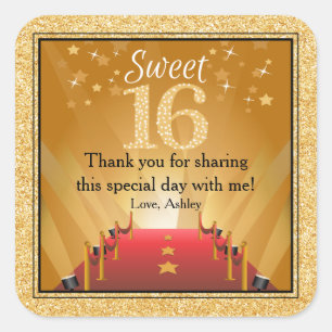 Red Carpet Hollywood Star Gold Sweet 16 Favor Vierkante Sticker