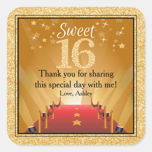 Red Carpet Hollywood Star Gold Sweet 16 Favor Vierkante Sticker (Voorkant)