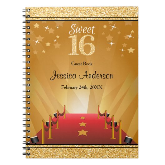 Red Carpet Hollywood Star Gold Sweet 16 Guest Book Notitieboek (Voorkant)
