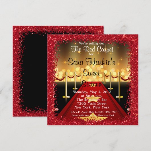 Red Carpet Hollywood Sweet 16 Birthday Invite Kaart (Voorkant / Achterkant)