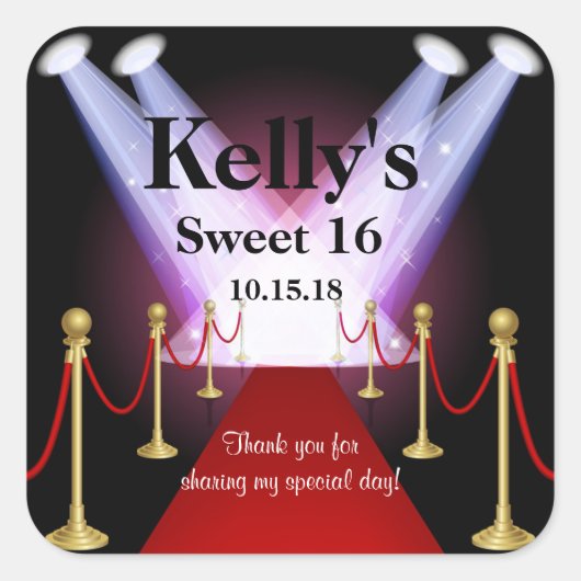 Red Carpet Hollywood Sweet 16 Party Favor Labels (Voorkant)