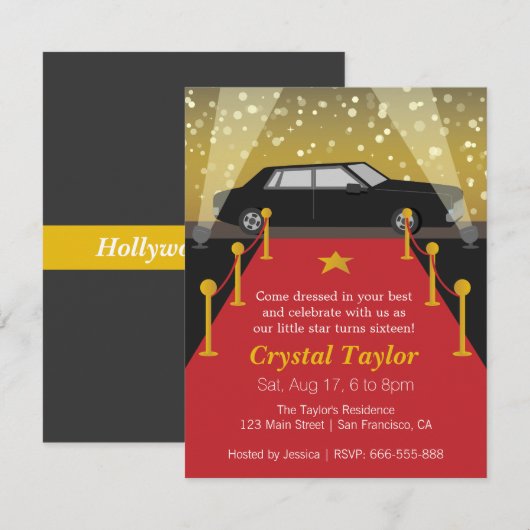 Red Carpet, Hollywood Theme Party, Girl Birthday Kaart (Voorkant / Achterkant)
