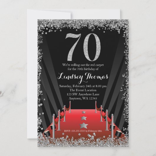 Red Carpet Hollywood Zilveren Glitter 70ste verjaa Kaart (Voorkant)