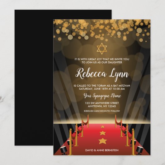 Red Carpet Star Hollywood Bat Mitzvah Uitnodiginge Kaart (Voorkant / Achterkant)