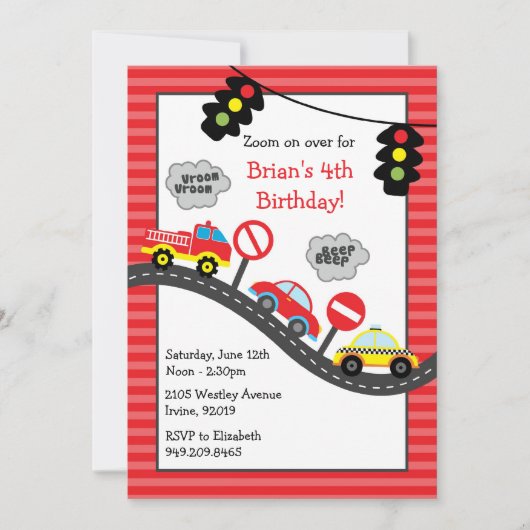 Red Cars Birthday Party Invitation Kaart (Voorkant)
