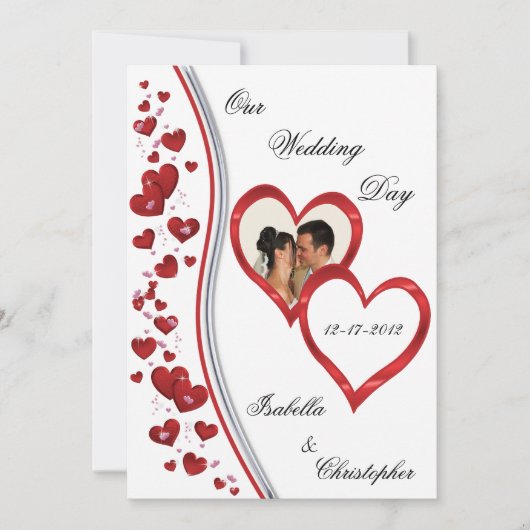 Red Cascading Hearts Wedding Photo-uitnodigingen Kaart (Voorkant)