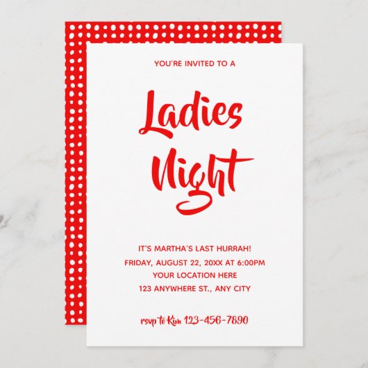 Red Casual script | Dames Night Vrijgezellenfeest Kaart (Voorkant / Achterkant)