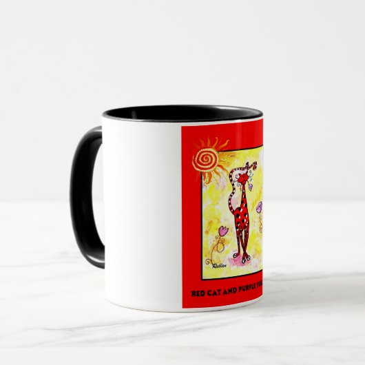 "RED CAT AND PAARS TULIPS" 11 oz. MOK KOFFIE (Voorkant links)