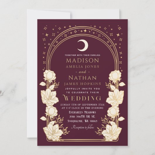 Red Celestial Arch Art Nouveau QR Code Huwelijk Kaart (Voorkant)