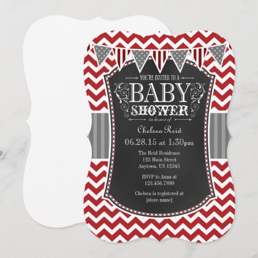 Red Chalkboard Chevron Baby shower Invite Kaart (Voorkant / Achterkant)