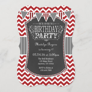 Red Chalkboard Chevron Birthday Invite Kaart