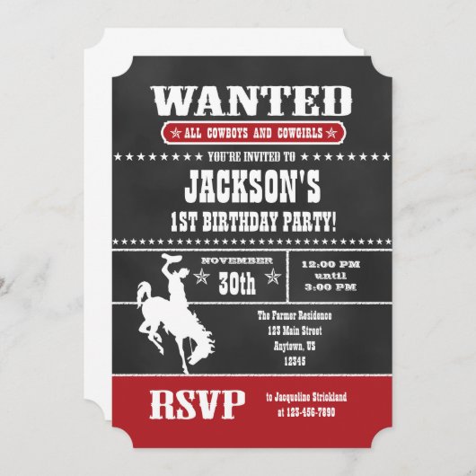 Red Chalkboard Cowboy Birthday Uitnodiging (Voorkant / Achterkant)