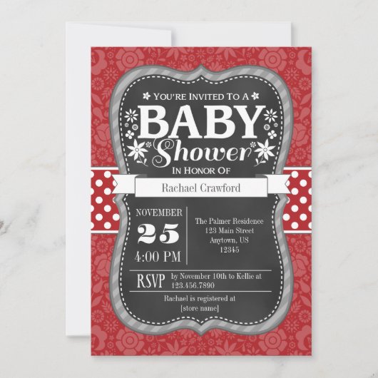 Red Chalkboard Floral Baby shower Invite Kaart (Voorkant)