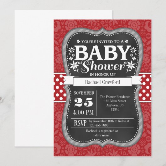 Red Chalkboard Floral Baby shower Invite Kaart (Voorkant / Achterkant)