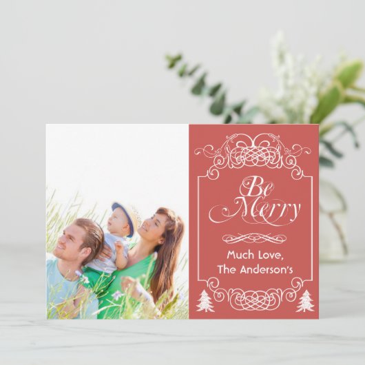 Red Chalkboard Typografie Merry kerstfoto Feestdagenkaart (Staand voorkant)