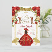 Red Charro Dress en boots Mexican Mis Quince Kaart (Staand voorkant)