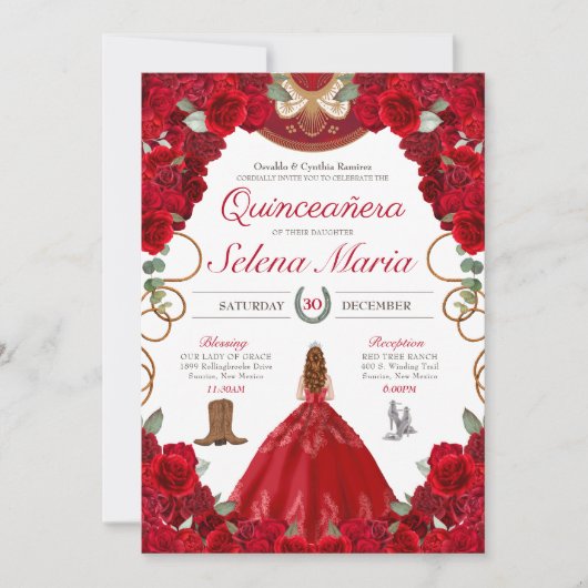 Red Charro Elegant Peonies Rozen Quinceanera Kaart (Voorkant)