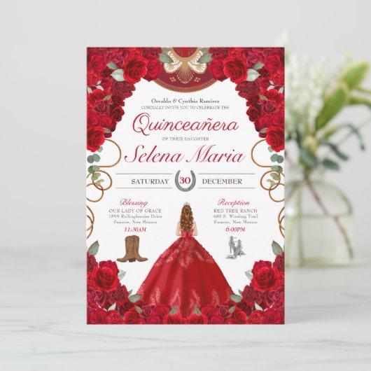 Red Charro Elegant Peonies Rozen Quinceanera Kaart (Staand voorkant)
