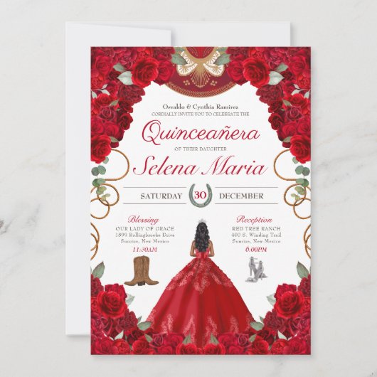 Red Charro Elegant Rozen Quinceanera Kaart (Voorkant)