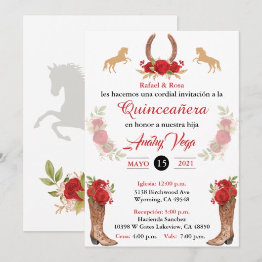 Red Charro Invitation, Mexicaanse Westerne uitnodi Kaart (Voorkant / Achterkant)