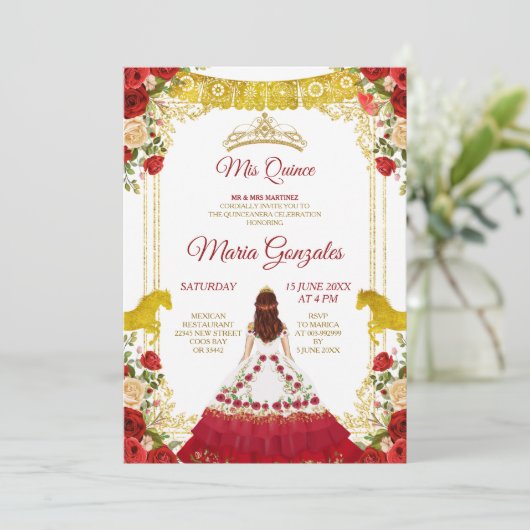 Red Charro Mexican Charra Mis XV Anos Kaart (Staand voorkant)