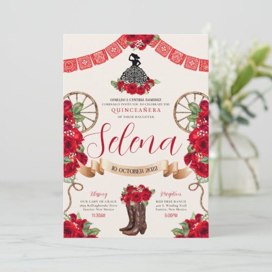 Red Charro Quinceanera Papel Picado Western Roos Kaart (Staand voorkant)