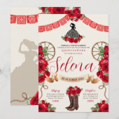 Red Charro Quinceanera Papel Picado Western Roos Kaart (Voorkant / Achterkant)