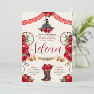 Red Charro Quinceanera Papel Picado Western Roos Kaart