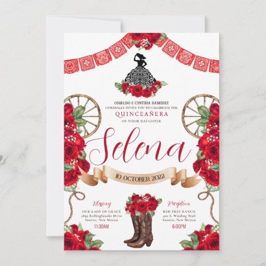 Red Charro Quinceanera Papel Picado Westerne Rozen Kaart (Voorkant)