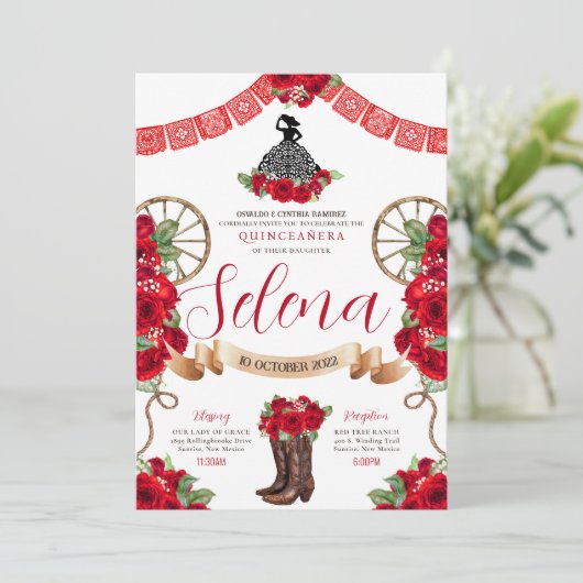 Red Charro Quinceanera Papel Picado Westerne Rozen Kaart (Staand voorkant)