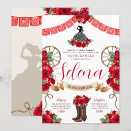 Red Charro Quinceanera Papel Picado Westerne Rozen Kaart