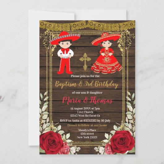 Red Charro Rozen Doop Fiesta Twin Invitation Kaart (Voorkant)
