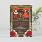 Red Charro Rozen Doop Fiesta Twin Invitation Kaart (Staand voorkant)