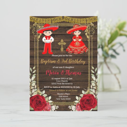 Red Charro Rozen Doop Fiesta Twin Invitation Kaart (Staand voorkant)