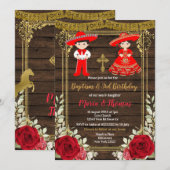 Red Charro Rozen Doop Fiesta Twin Invitation Kaart (Voorkant / Achterkant)