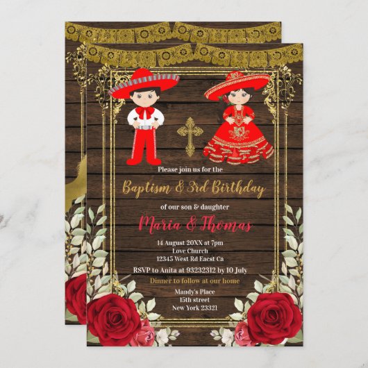 Red Charro Rozen Doop Fiesta Twin Invitation Kaart (Voorkant / Achterkant)